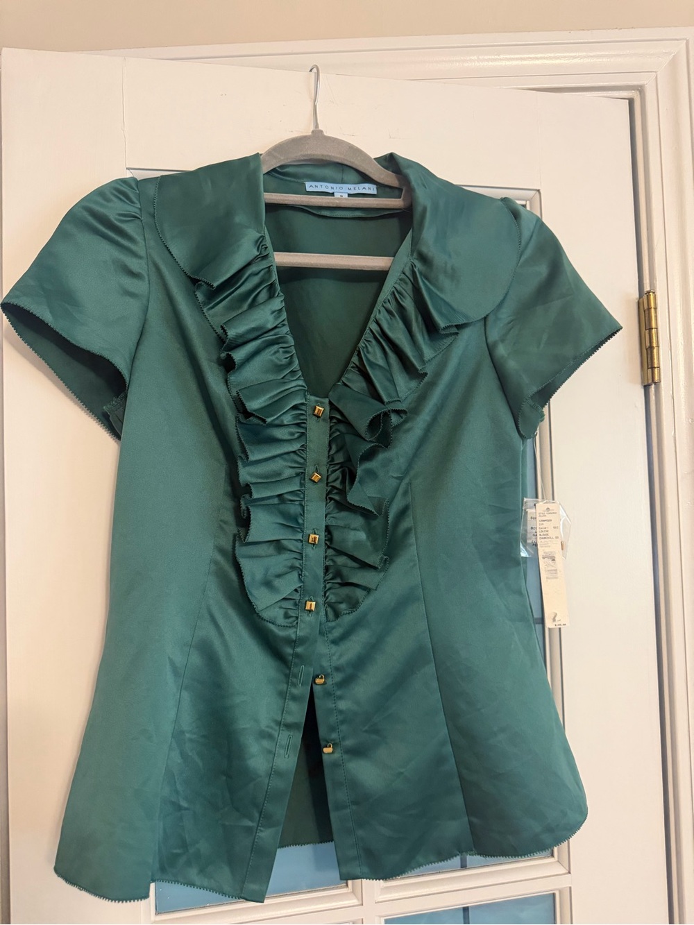 ANTONIO MELANI Emerald Green Ruffled Satin Short-Sleeve Blouse